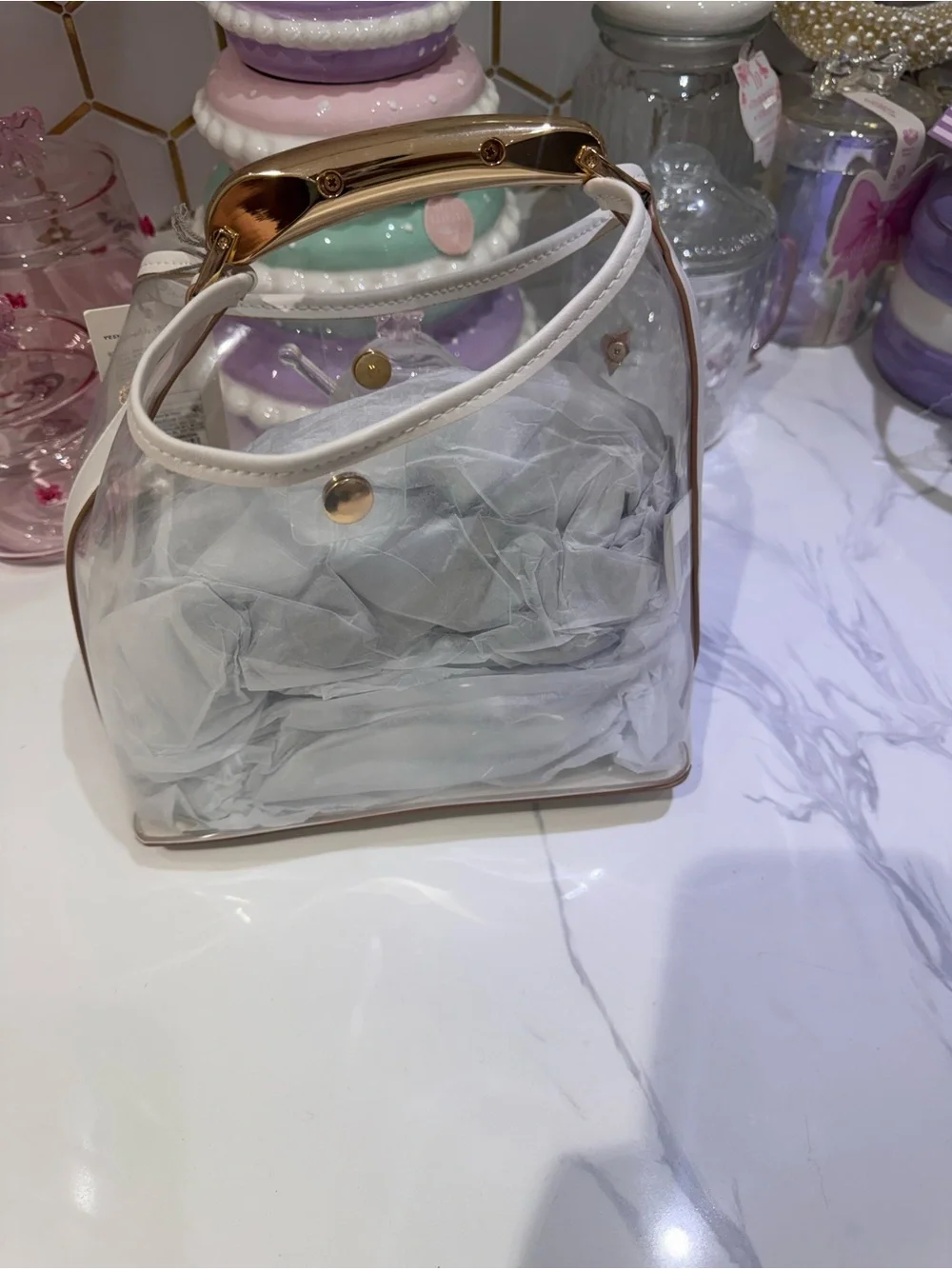 A new day Clear Tote with White Trim and Gold Accents